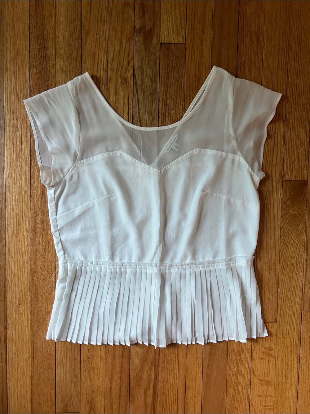 American Eagle Outfitters White Sheer Yoke Pleated Hem Blouse